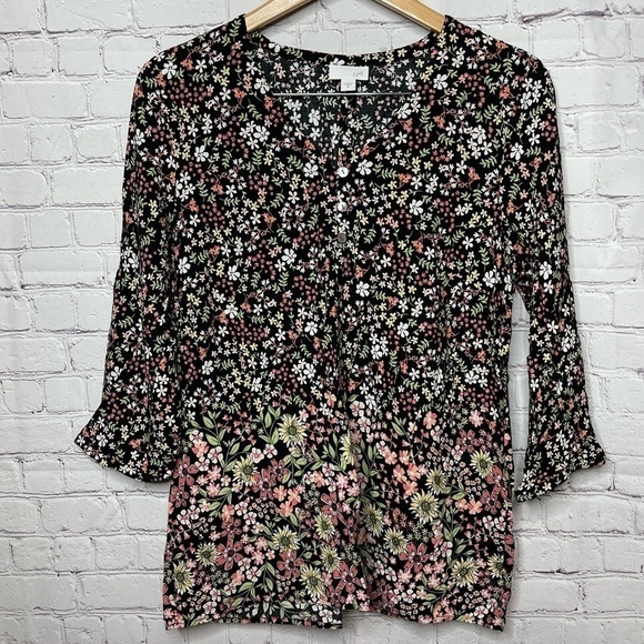 J Jill Popover Tunic Floral Top 3/4 Length Sleeve Medium - Picture 1 of 11